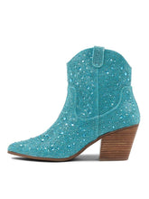 Turquoise Sparkly Rhinestone Round Toe Zipper Slanted Heel Western Ankle Boots